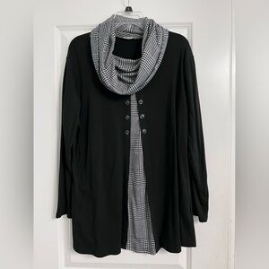 Black Women's One-piece Button-Front Sweater with Houndstooth Scarf-like Neck